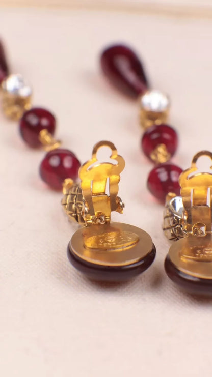 Chanel 1990 Red Glass Rhinestone Clip-on Earrings