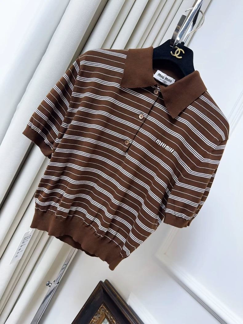 MiuMiu Brown Striped Polo T-Shirt