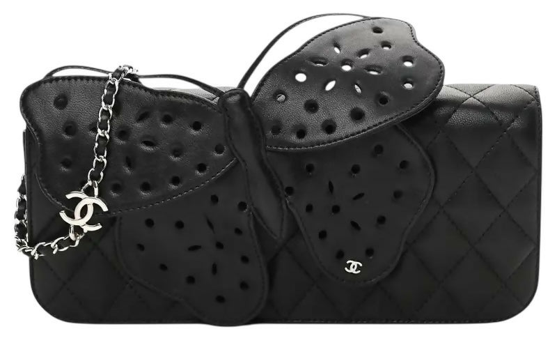 Rare Chanel 2011 Lambskin Black Butterfly Ornament Clutch Crossbody Flap Bag