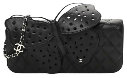 Rare Chanel 2011 Lambskin Black Butterfly Ornament Clutch Crossbody Flap Bag