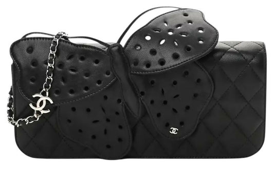 Rare Chanel 2011 Lambskin Black Butterfly Ornament Clutch Crossbody Flap Bag