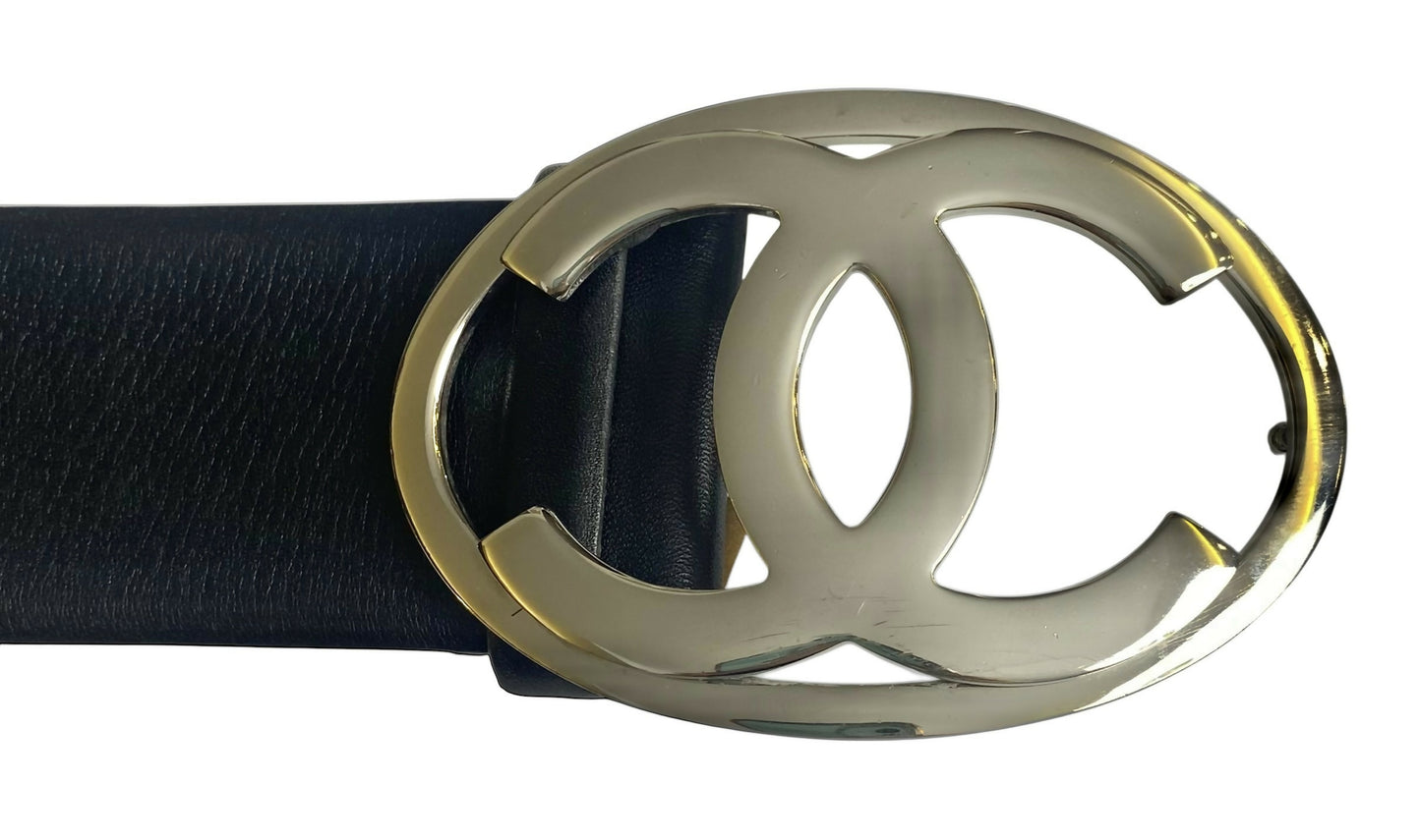 Chanel 06A Extra Wide Black Lambskin Leather Oval CC Silver Buckle Belt Size 85/34