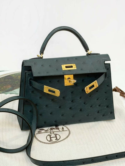 Hermès Mini Kelly II Vert Amande Ostrich Leather with Gold Hardware G Stamp