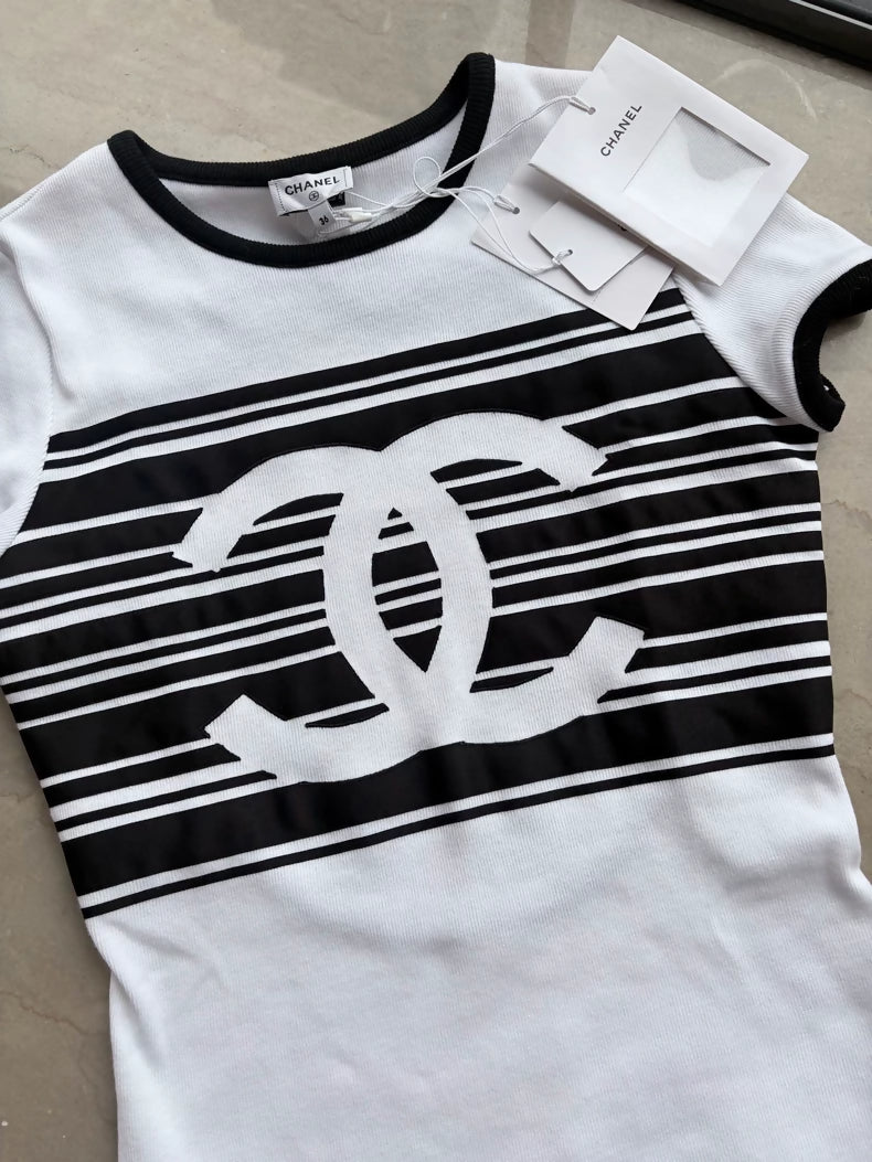 Chanel 23c black and white striped t-shirt