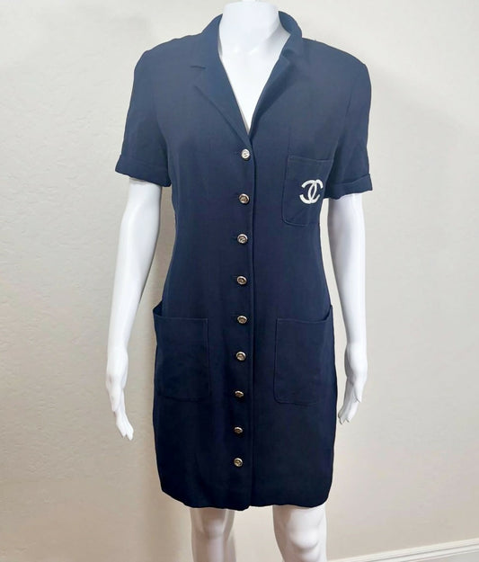 Chanel 97P Navy Logo Button Dress –Size 44