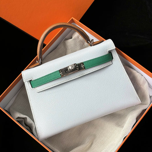 Hermès Mini Kelly 20 Tricolor Vert Fizz / Vert Rousseau / Alezan Epsom with Palladium Hardware