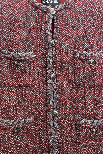 CHANEL 08A BURGUNDY GREY BRAIDED TRIM TWEED JACKET BLAZER FR 38