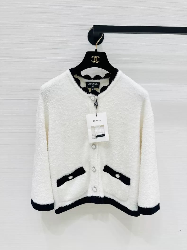Chanel 26C white lace terry cloth cardigan