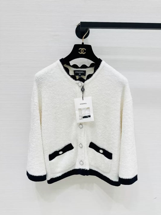 Chanel 26C white lace terry cloth cardigan