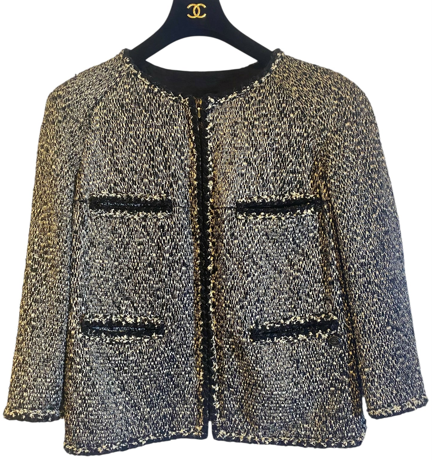 Chanel 11A Black White Tweed Braided Trim Zip Up Jacket FR 50