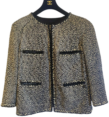 Chanel 11A Black White Tweed Braided Trim Zip Up Jacket FR 50