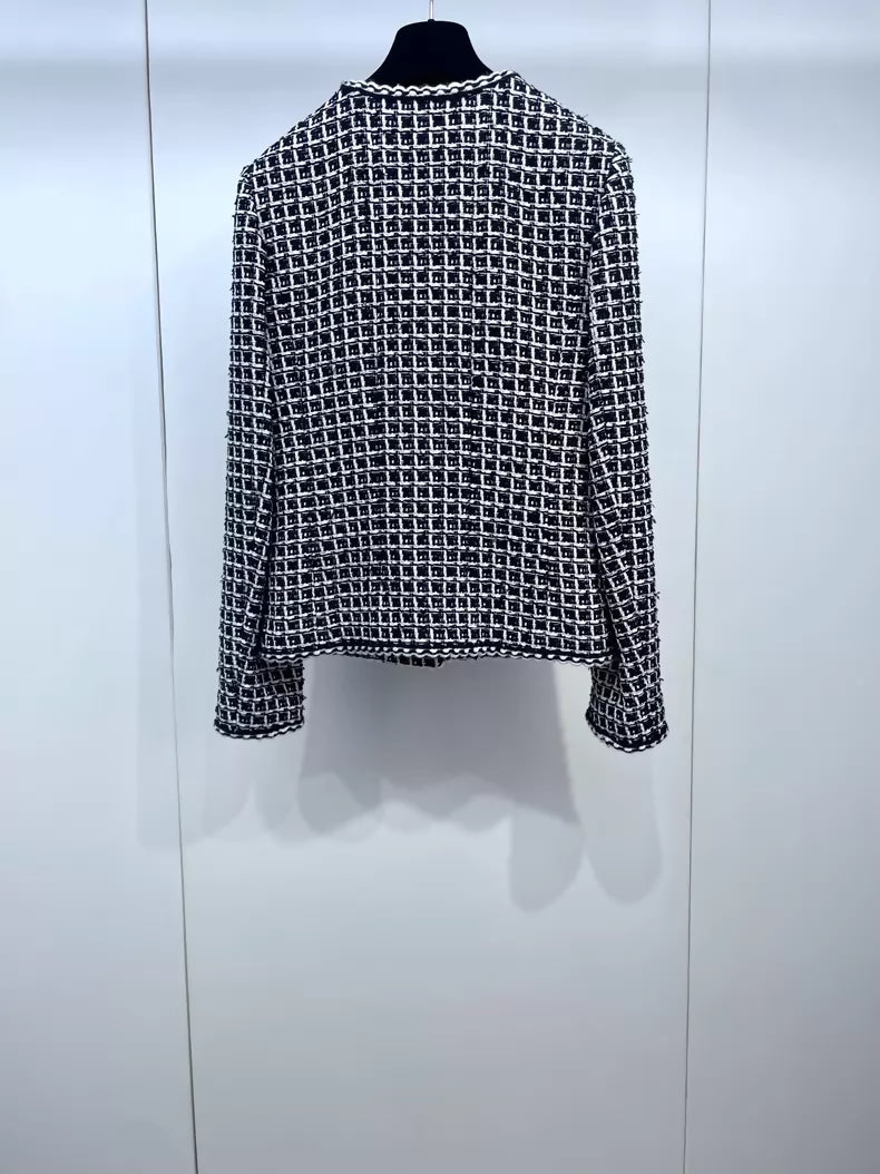 Chanel 25C black and white checkered tweed jacket