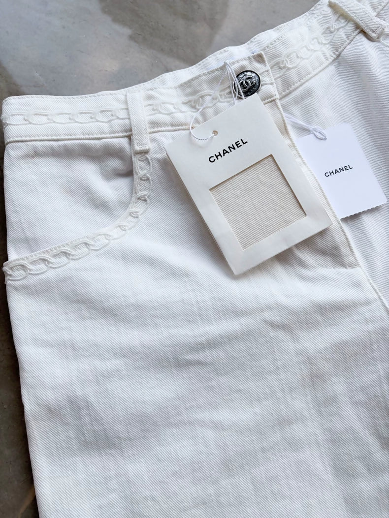 Chanel 26P white lace-trimmed wide-leg trousers