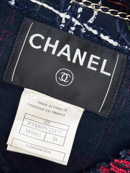 Chanel 08S blue and red tweed jacket with gold chain