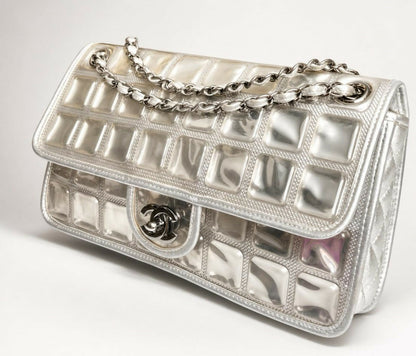 ICONIC Chanel 08C Medium Ice Cube Metallic Silver PVC Calfskin Classic Single Flap Bag