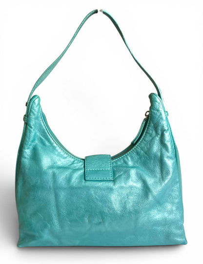 Rare Vintage Fendi Metallic Tiffany Blue Leather Sweet Hobo Baguette Bag SHW