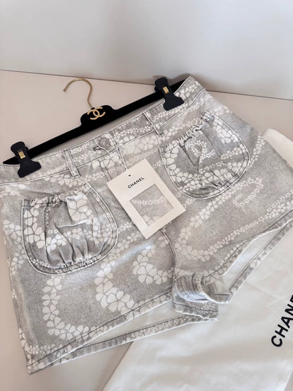 Chanel 25M Grey Pearl Denim Shorts