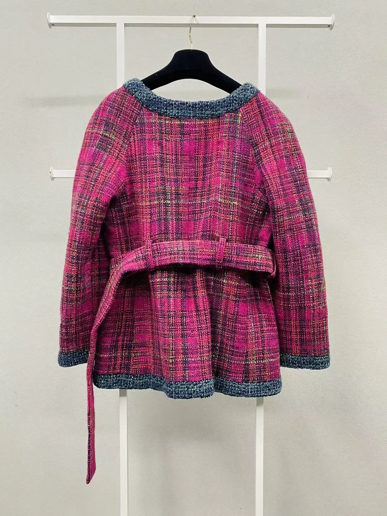 Chanel 18B Rose Red and Plaid Tweed Jacket
