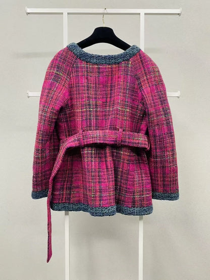 Chanel 18B Rose Red and Plaid Tweed Jacket