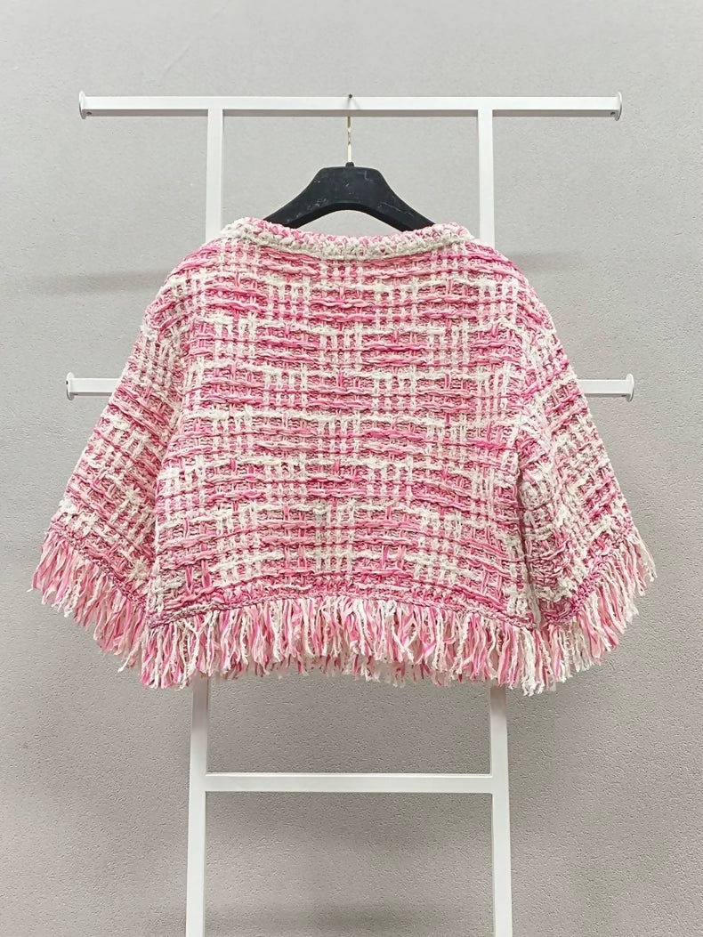 Chanel pink tweed fringed top