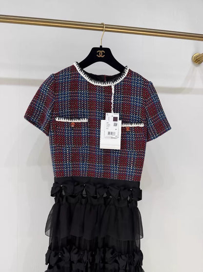 Chanel 23C black, Red and Blue Lace Bow Dress