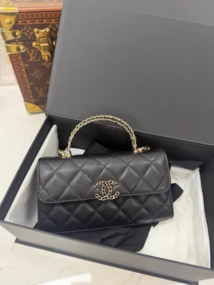 Chanel 25S black leather top handle bag gold hardware