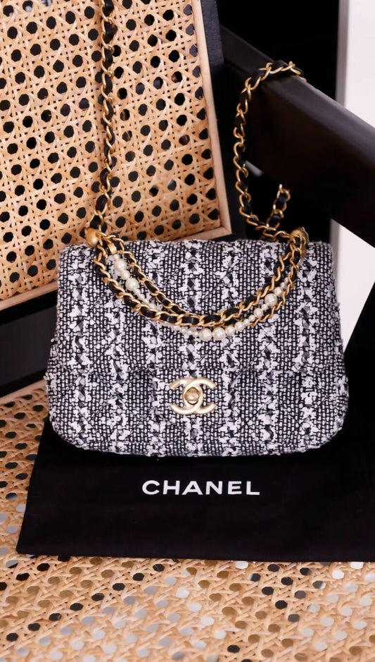 Chanel 24P black and white striped tweed leather chain CF square flap bag