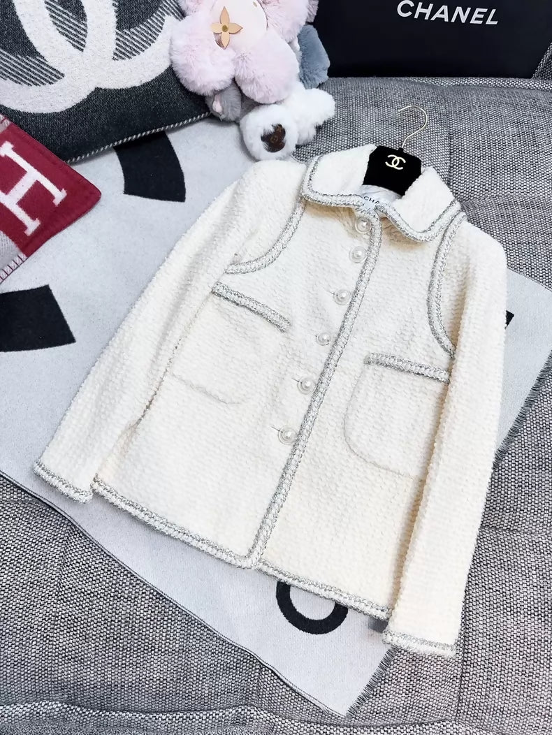 Chanel 17k Space Age collection runway white tweed jacket
