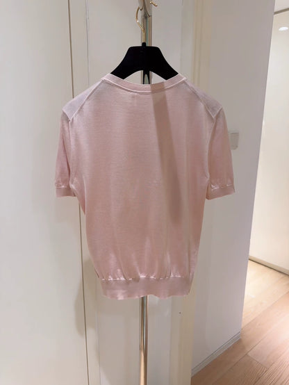 Christian Dior Pink Openwork Crocheted Bow Badge Silk Short-Sleeve Top