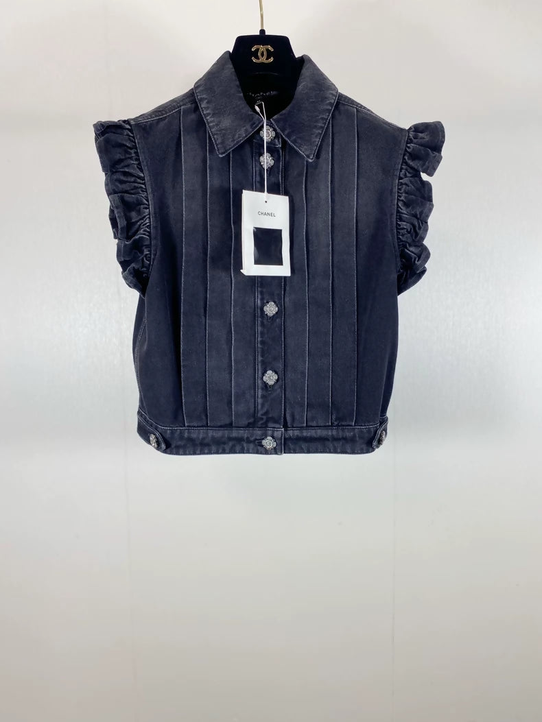 Chanel 24A Black/Grey Ruffled Pleated Short Sleeveless Collared Vest