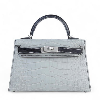 Hermes Mini Kelly 20 Noir Gris Perle Matte Alligator Palladium hardware