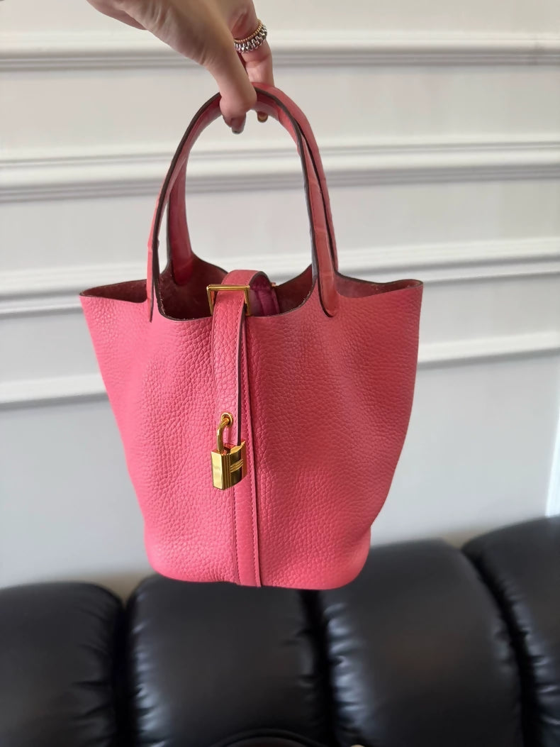 Hermès Picotin Touch lipstick pink crocodile leather gold hardware