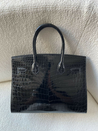 Hermès Birkin 30 Noir / Black Shiny Niloticus Crocodile with Gold Hardware B Stamp