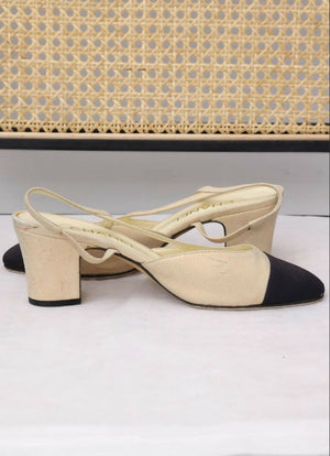Chanel Beige and Black Sling Back Sandals