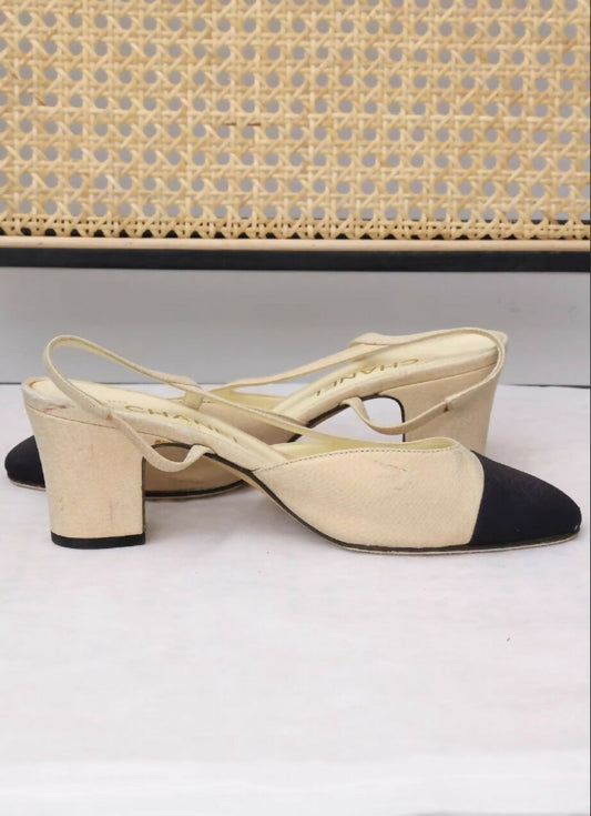 Chanel Beige and Black Sling Back Sandals