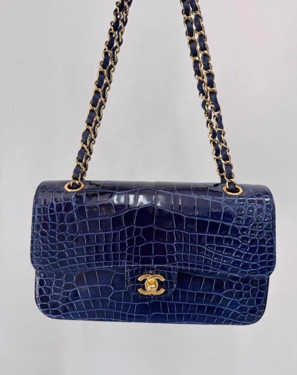 Chanel navy blue Shiny Alligator Medium Classic Flap with gold hardware