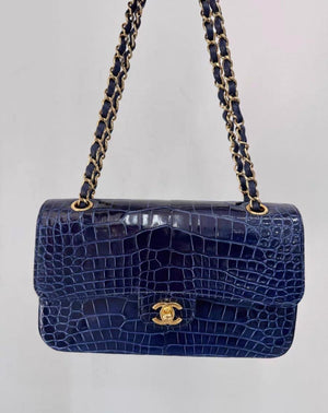 Chanel navy blue Shiny Alligator Medium Classic Flap with gold hardware