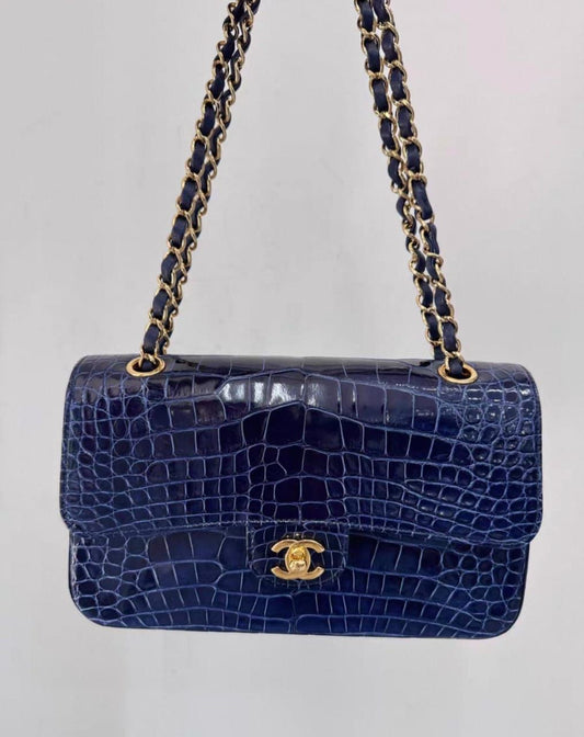 Chanel navy blue Shiny Alligator Medium Classic Flap with gold hardware
