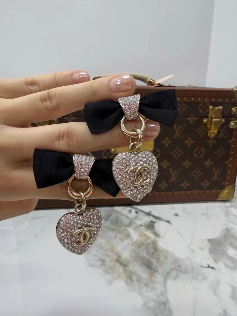 Chanel mini rhinestone heart bow earrings
