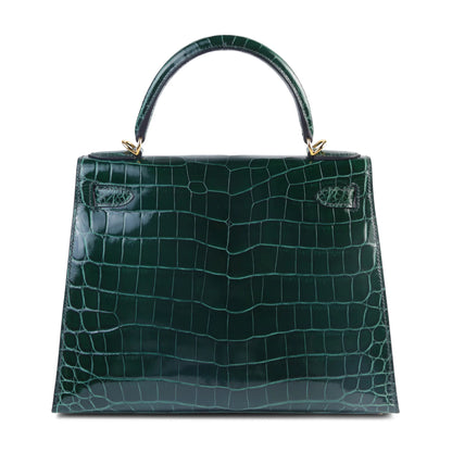 Hermes Kelly 28 Vert Fonce (67) Shiny Niloticus Crocodile Gold hardware