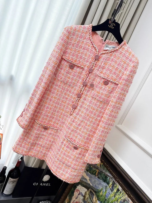 Chanel 19C pink and white sequined dress with orange plaid woven pattern