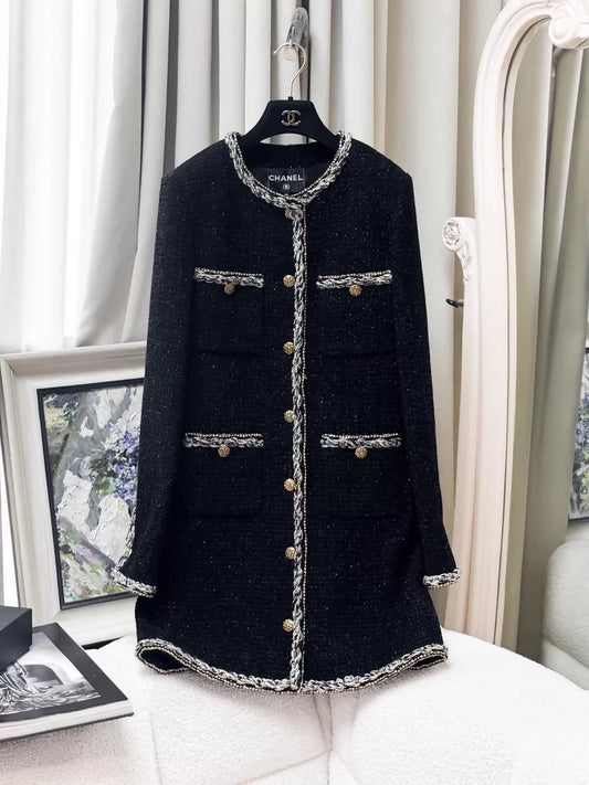 Chanel 25K Black tweed coat with Silver gold details