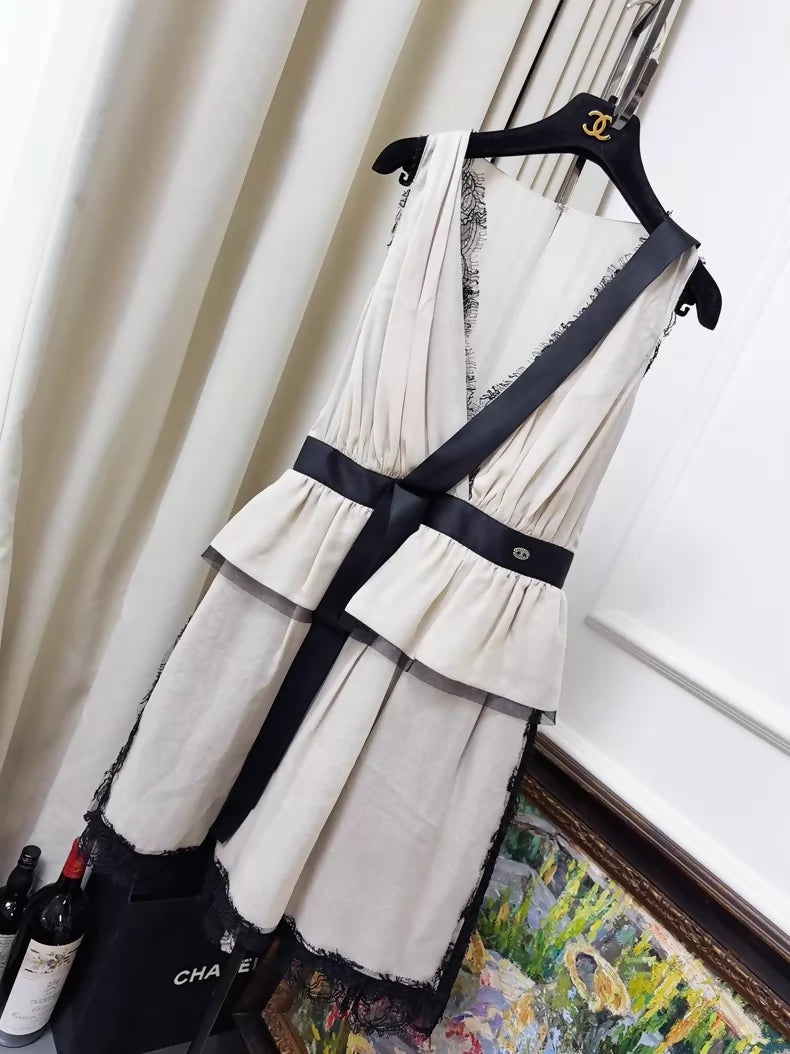 Chanel 2010 Beige/Nude Dress with Black Lace Ribbon