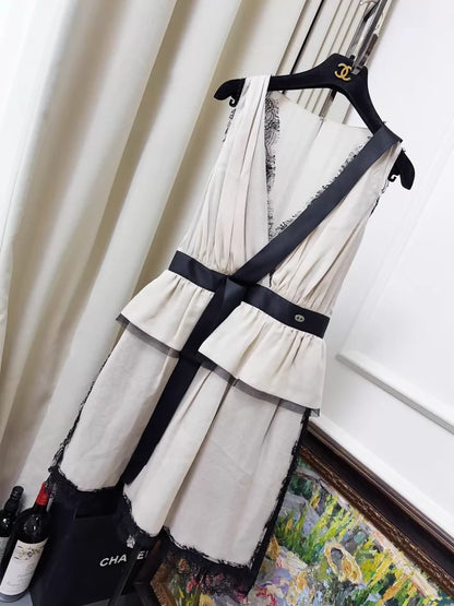 Chanel 2010 Beige/Nude Dress with Black Lace Ribbon