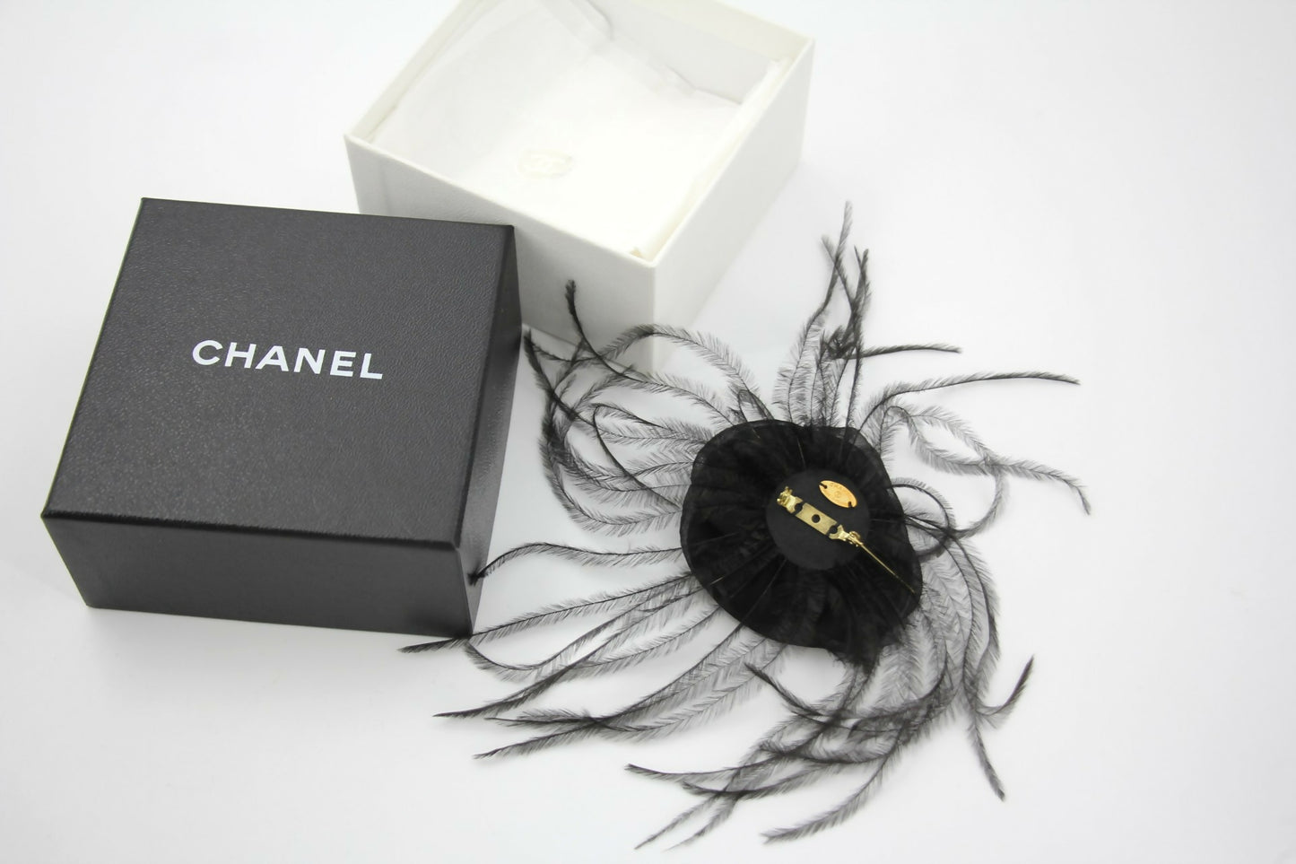 Chanel Vintage 81-85 Tulle Feather Black Camellia Silk Brooch