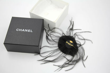 Chanel Vintage 81-85 Tulle Feather Black Camellia Silk Brooch