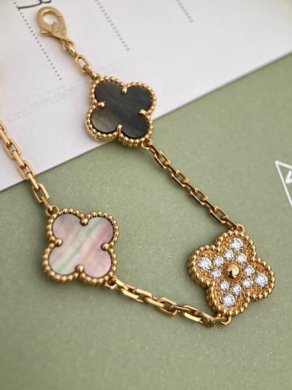 VAN CLEEF & ARPELS 18K ROSE GOLD DIAMOND AND GRAY MOP VINTAGE ALHAMBRA 50TH ANNIVERSARY BRACELET