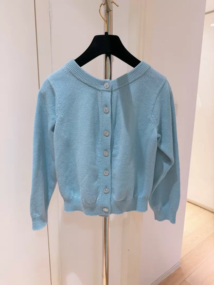 Chanel 25S Spring/Summer Baby Blue Reversible Button Cashmere Knit Cardigan,