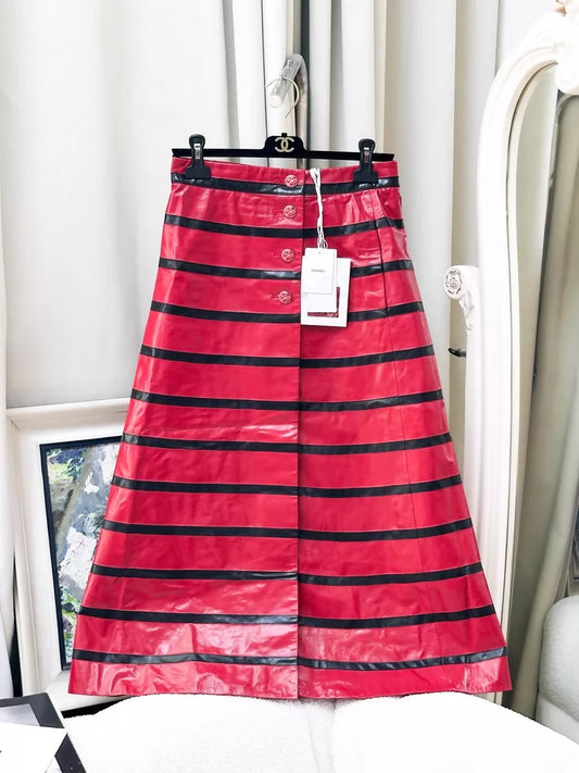 Chanel 24S red and black striped patent leather skirt