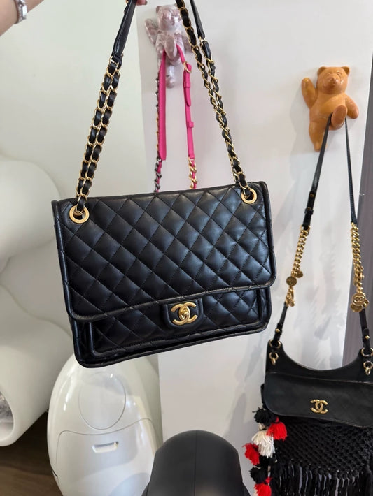Chanel 24p black and gold Maxi messenger bag